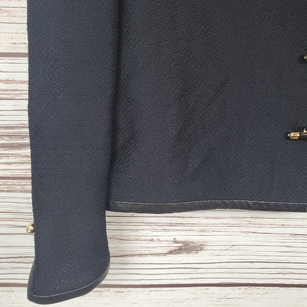 St. John Collection Womens Size 2 Vintage Black Santana Knit Leather Trim Jacket - Picture 5 of 11